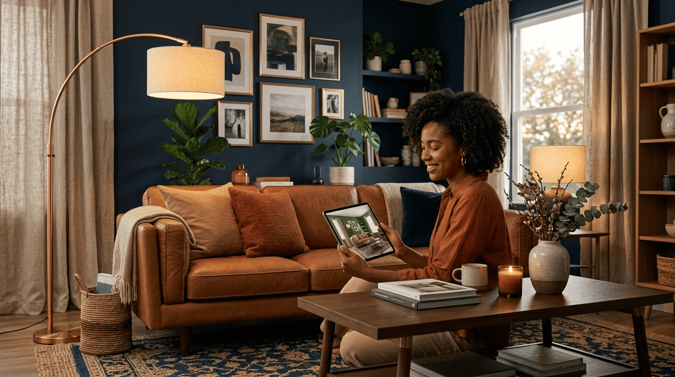 A living-room stylist previews a new color palette on a tablet showing her real navy-and-camel living room