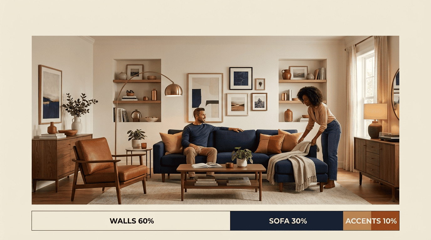 The 60-30-10 rule shown as a living room split into 60% walls, 30% navy sofa and 10% camel accents