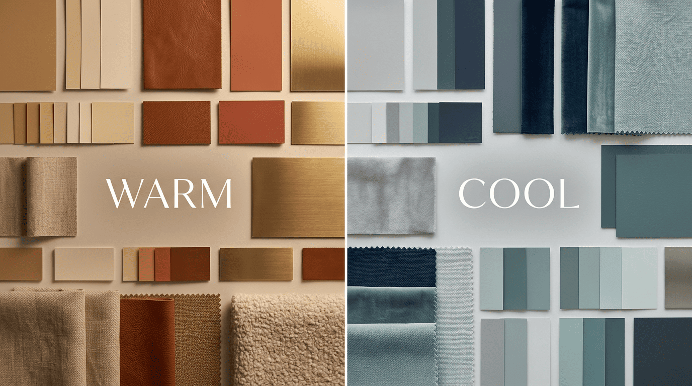 Warm versus cool undertone swatch boards for a living room
