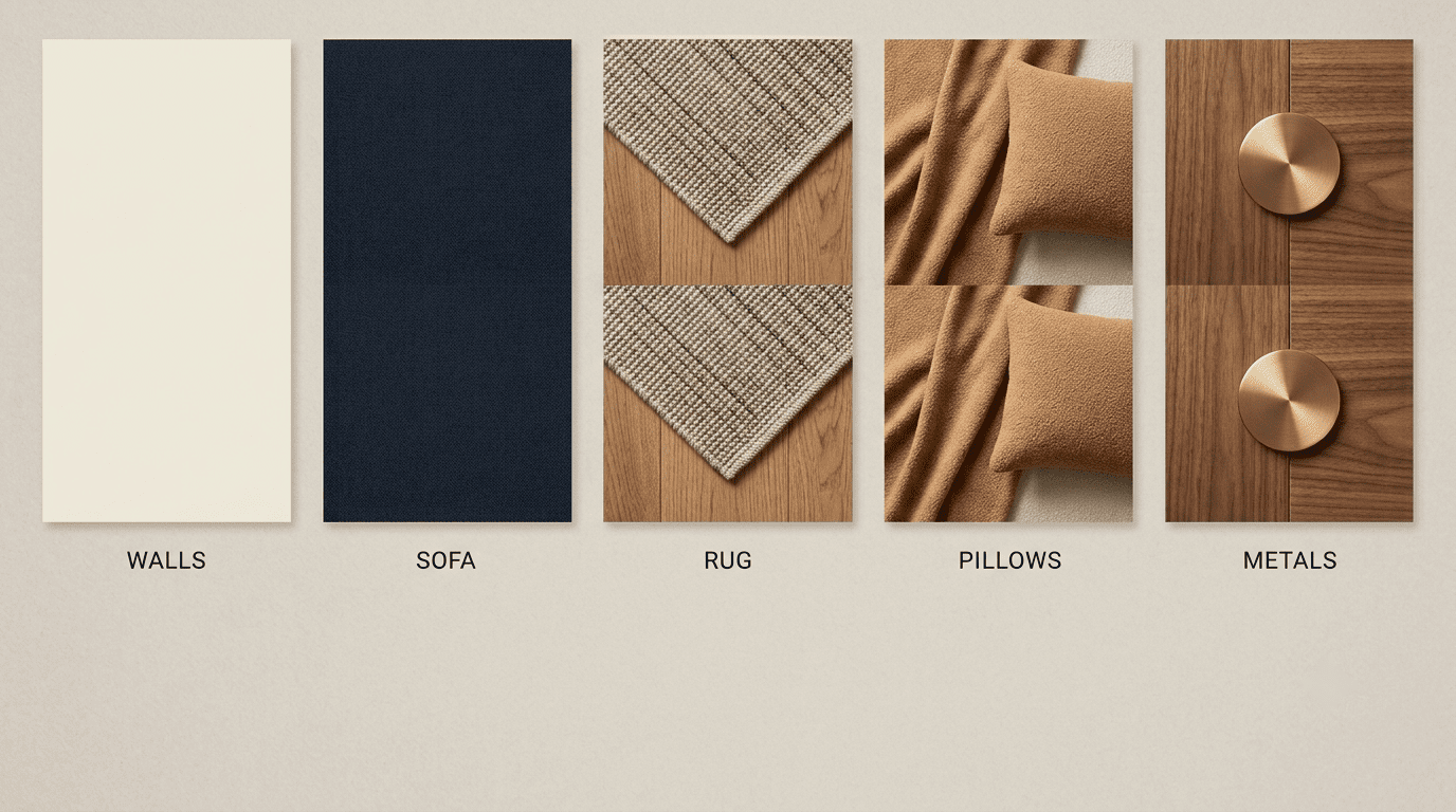 Coordinated living-room material swatches labeled walls, sofa, rug, pillows and metals