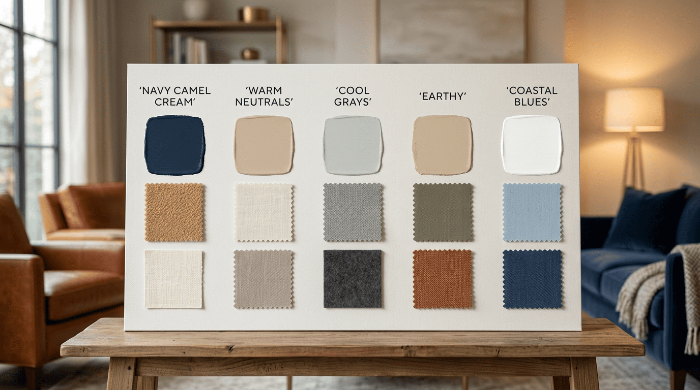 Five popular living-room color palettes shown as swatch columns