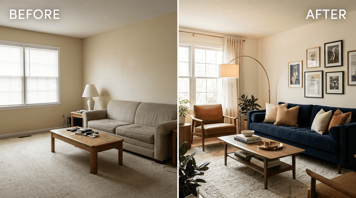Before and after of a living room transformed into a navy, camel and cream palette