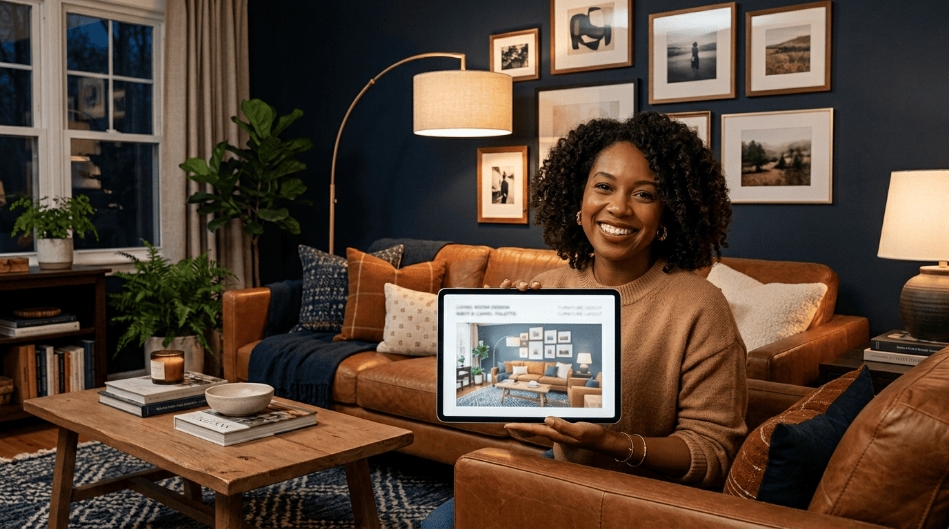 A living-room stylist holding a tablet showing an AI decor render in a cozy navy-and-camel styled living room