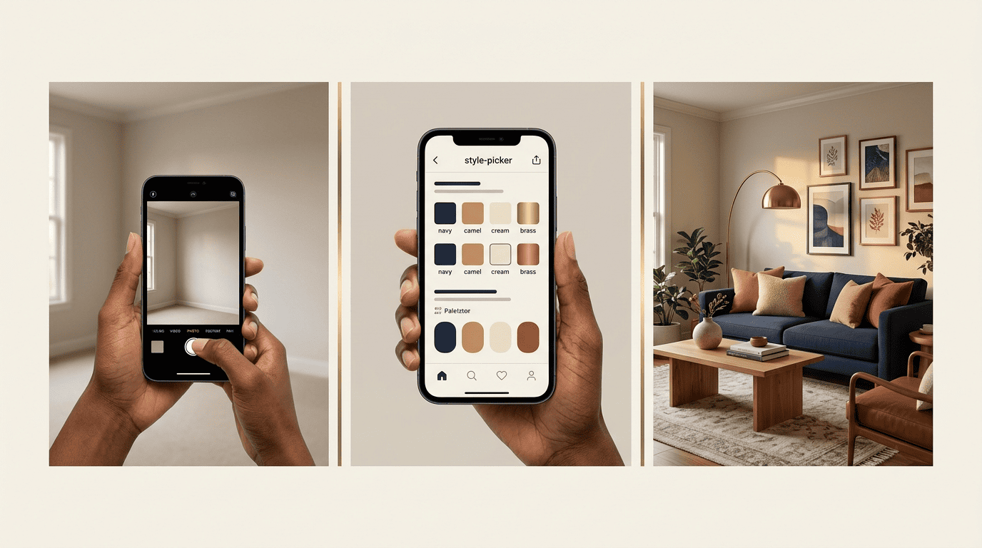 Three-step flow: photographing an empty corner, choosing a style palette in an app, and the generated styled room
