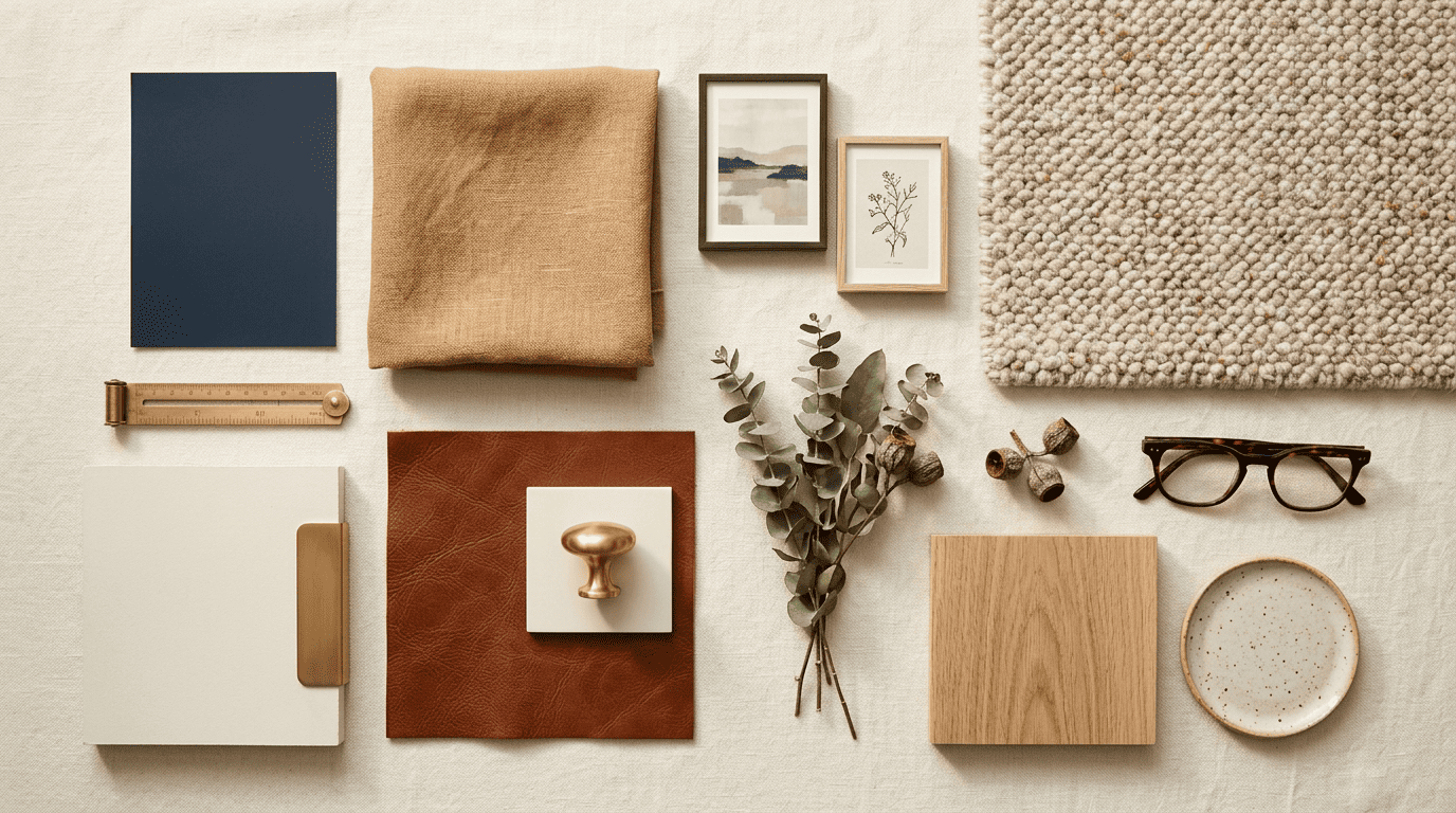 Flat-lay decor moodboard with a navy paint chip, camel linen, cognac leather, brass hardware, a wool rug sample and framed prints