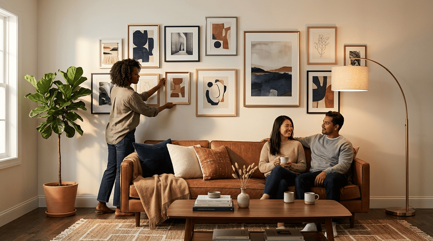 A balanced gallery wall of mixed brass, black and wood frames above a cognac leather sofa with an off-center anchor piece
