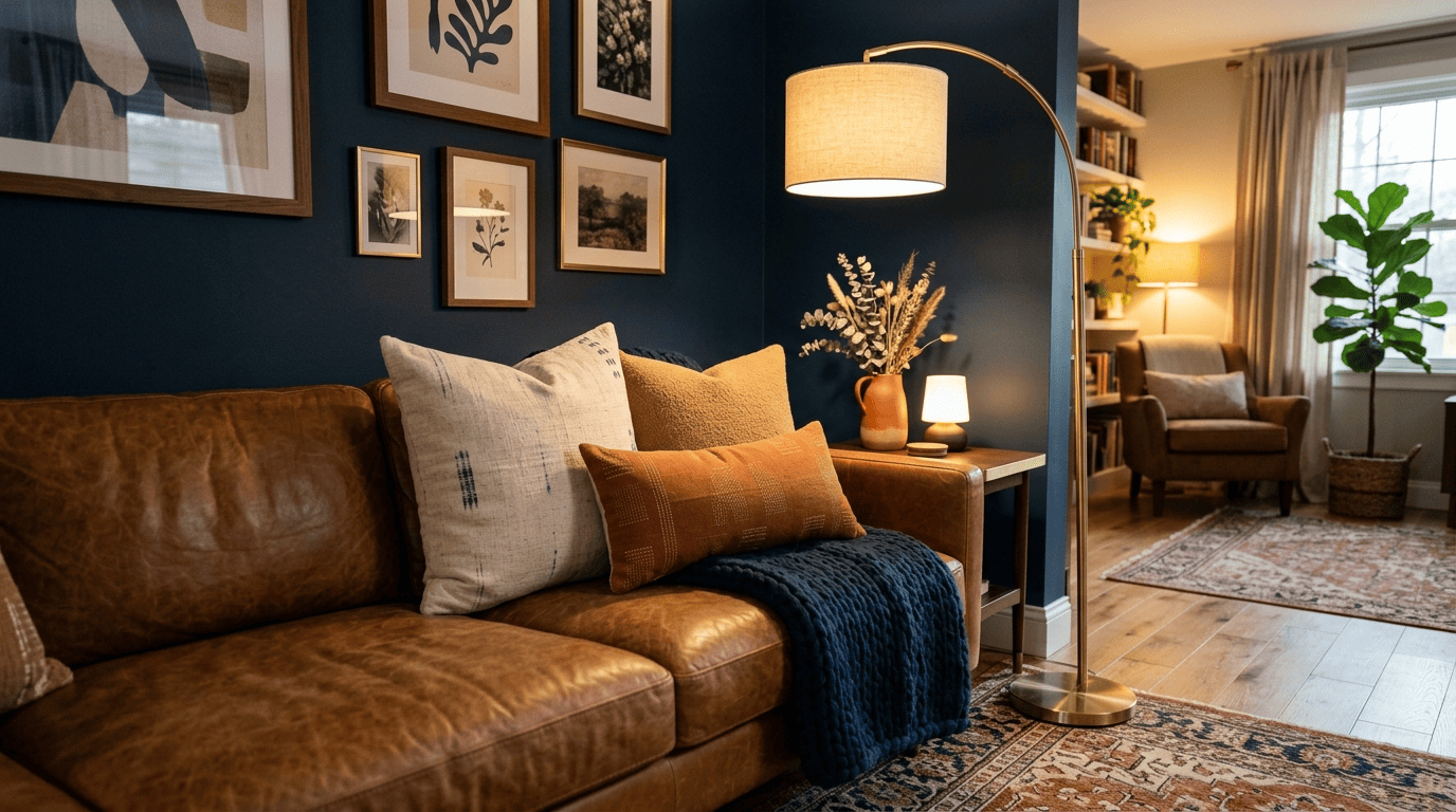 Close-up of a cognac leather sofa with mixed-size linen and boucle cushions and a chunky navy knit throw draped over the armrest