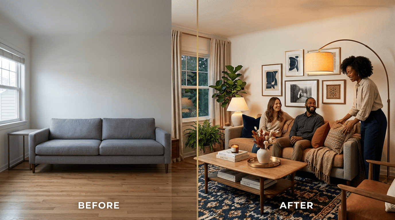 Before-and-after split of a living room: a bare grey sofa on the left, a fully styled room with rug, plants and gallery wall on the right