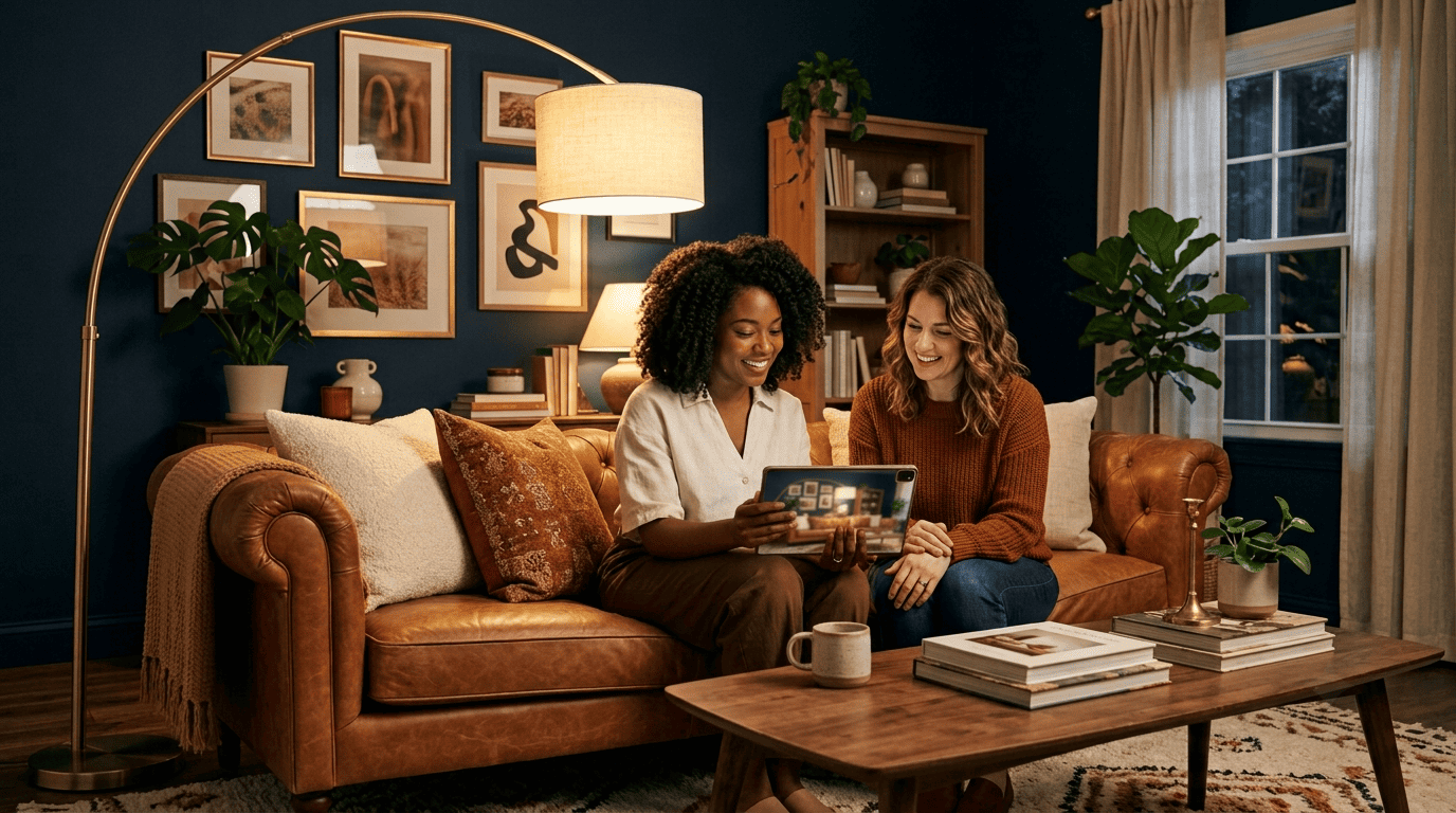 A living-room stylist and a homeowner review an AI redesign of their room on a tablet