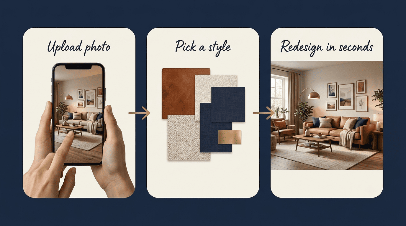 Three-step flow: upload a living-room photo, pick a style, get a redesign in seconds