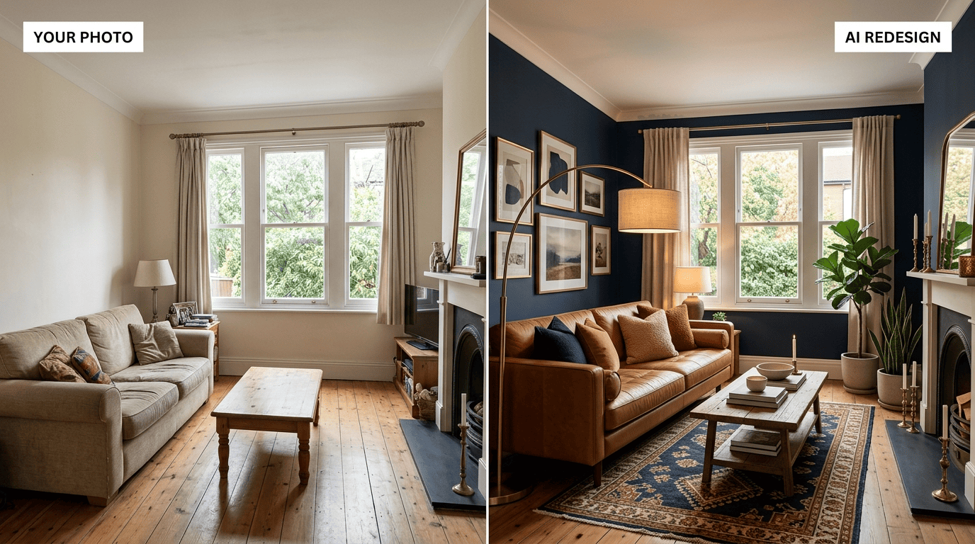 Before-and-after of the same living room: original photo versus AI redesign with windows preserved