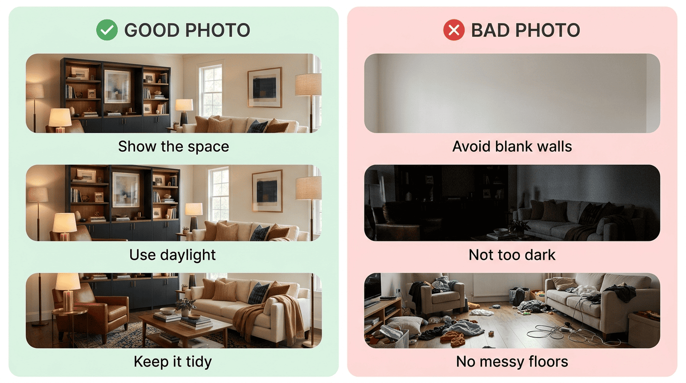 Comparison of a good living-room photo versus a bad one for AI redesign