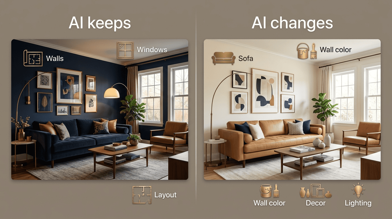 Split diagram showing what AI keeps (walls, windows, layout) versus what it changes (sofa, wall color, decor, lighting)