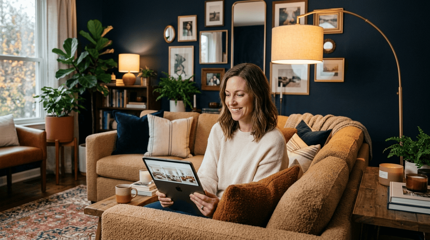 A homeowner compares several AI style variations of her living room on a tablet