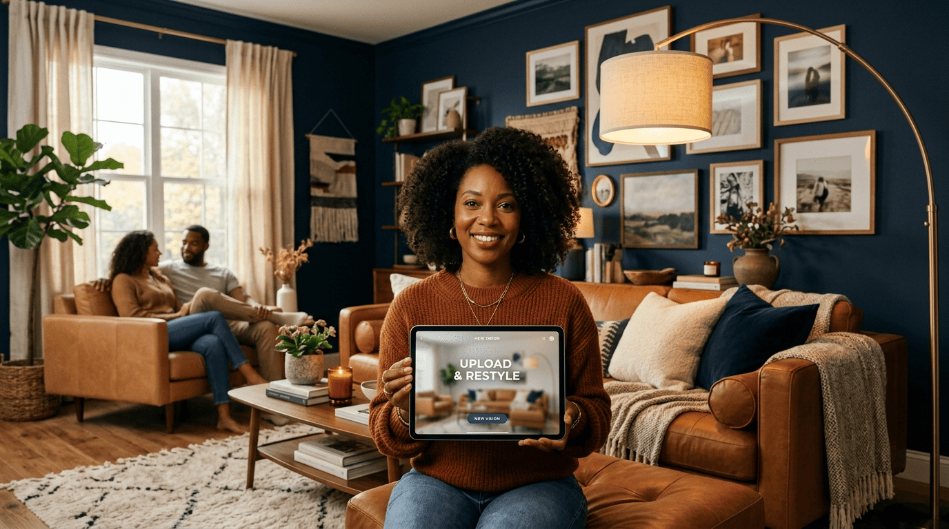 A living-room stylist showing an AI redesign of a cozy navy-and-camel room on a tablet