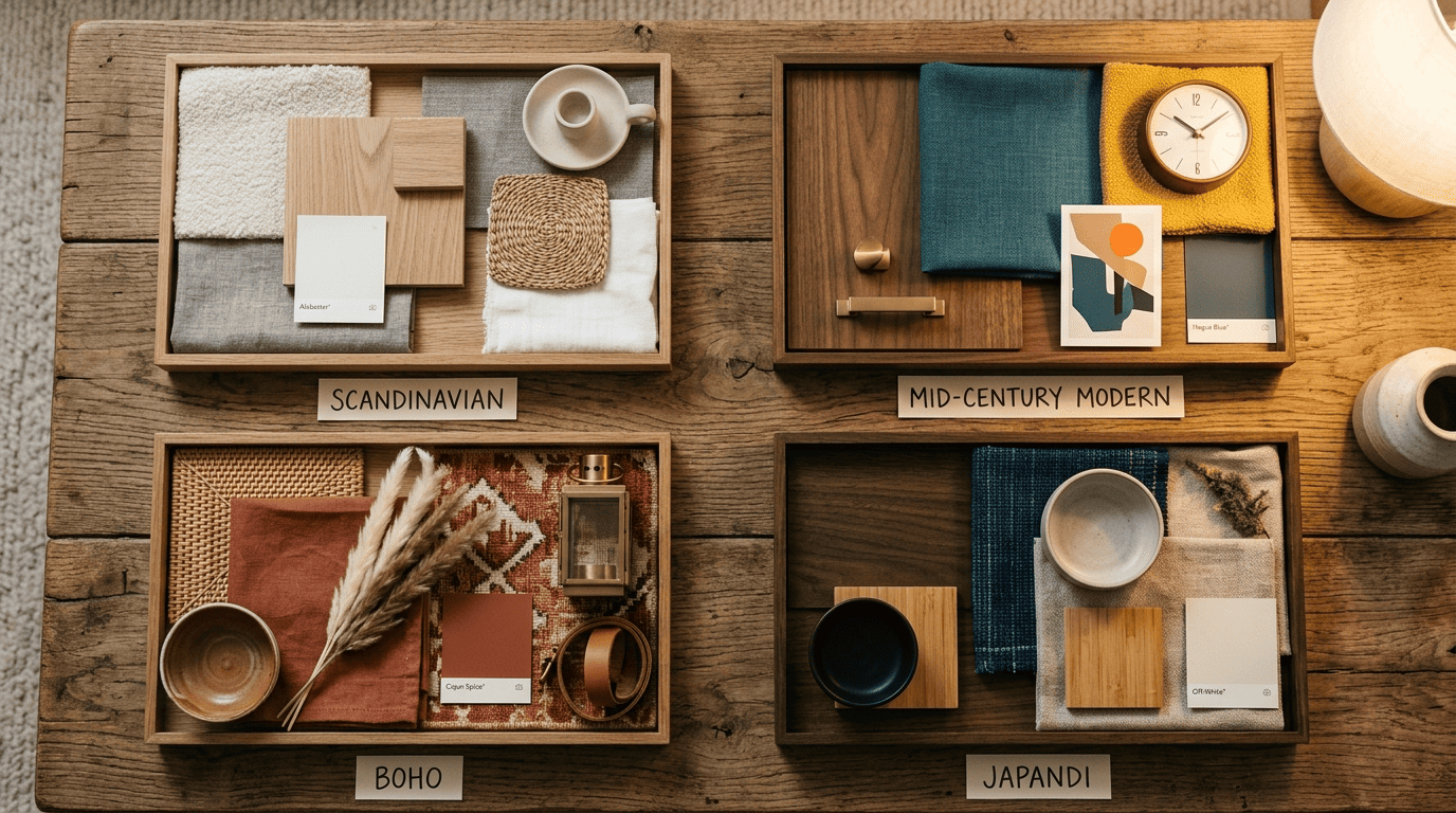 Four interior-design moodboards labeled Scandinavian, Mid-Century Modern, Boho, and Japandi with material swatches
