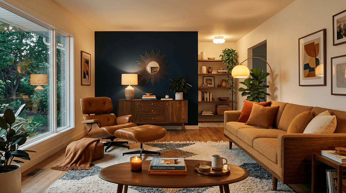 A cozy mid-century modern living room with a walnut sofa, lounge chair, sunburst mirror, and mustard cushions