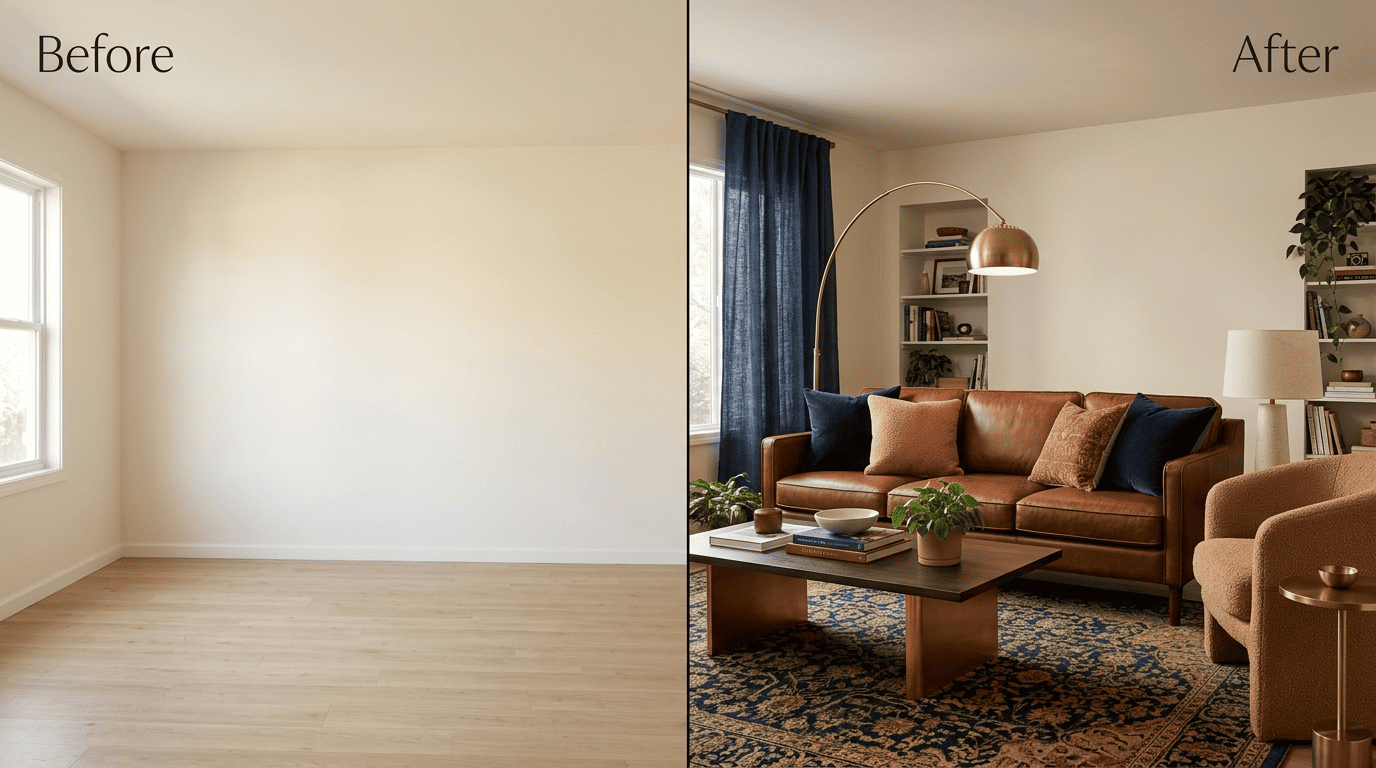Before-and-after split of the same living room, empty on the left and AI-restyled on the right