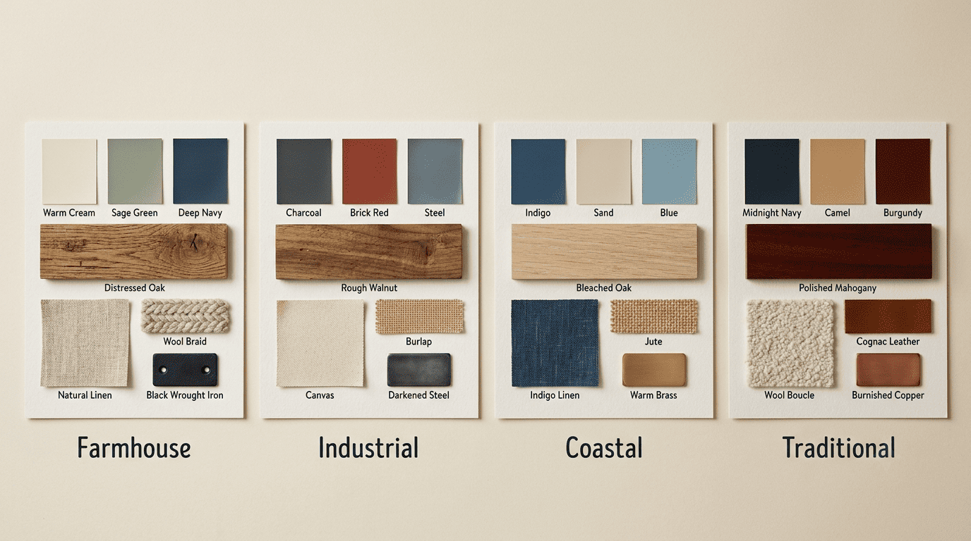Palette and material cards for farmhouse, industrial, coastal, and traditional living-room styles