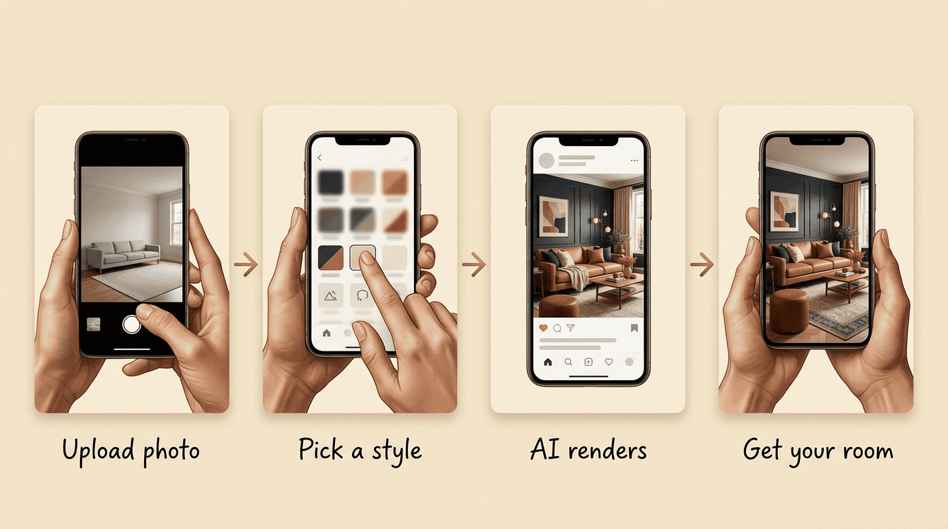 Four-step AI room design workflow: upload photo, pick a style, AI renders, get your room