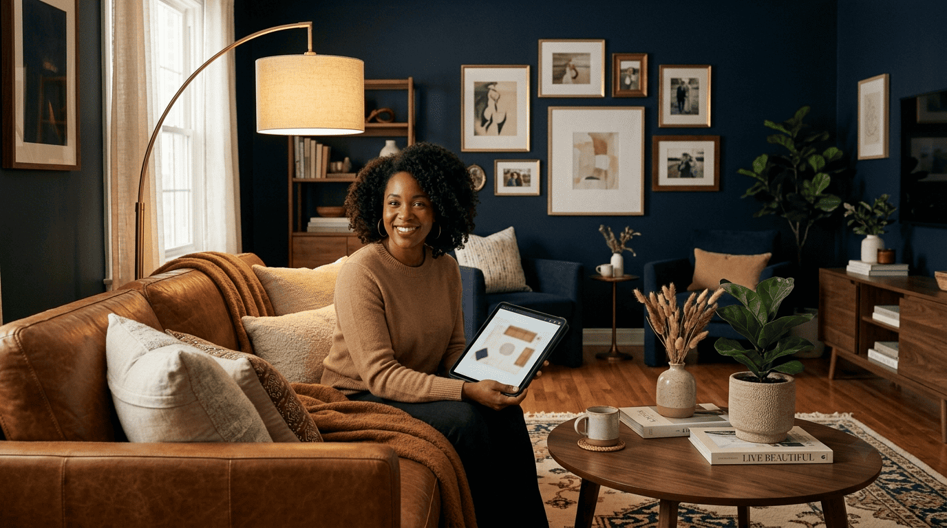 Living-room stylist reviewing an AI-generated furniture layout on a tablet in a cozy navy and camel living room
