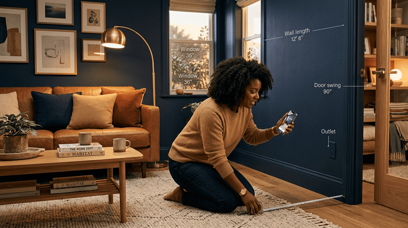 Homeowner measuring a living room wall and scanning it with a phone, with dimension callouts for wall length, window, door swing and outlet