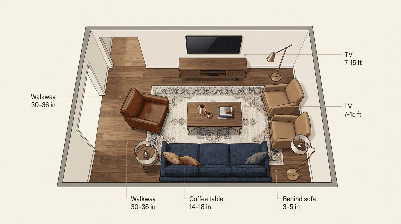 Top-down living-room floor plan with measurement callouts for walkway, coffee table, TV distance and space behind the sofa