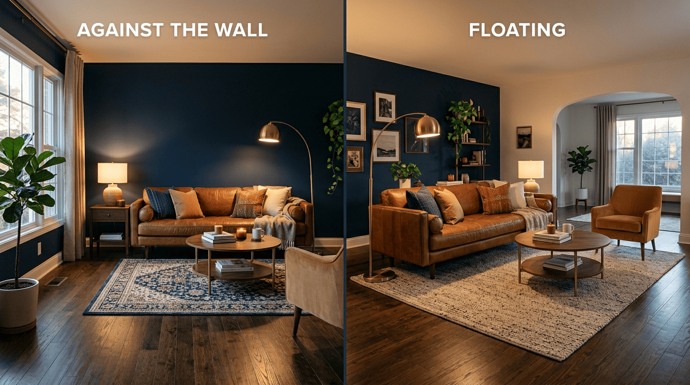 Side-by-side comparison of an against-the-wall living-room layout in a small room and a floating sofa layout in a larger open room