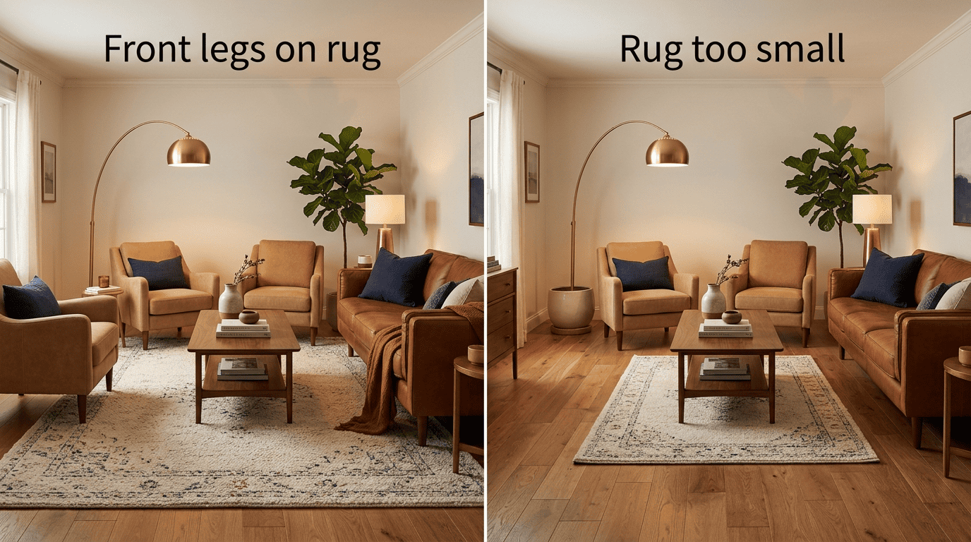 Comparison of a correctly sized rug with the front legs of the seating on it versus an undersized rug that leaves the furniture off it