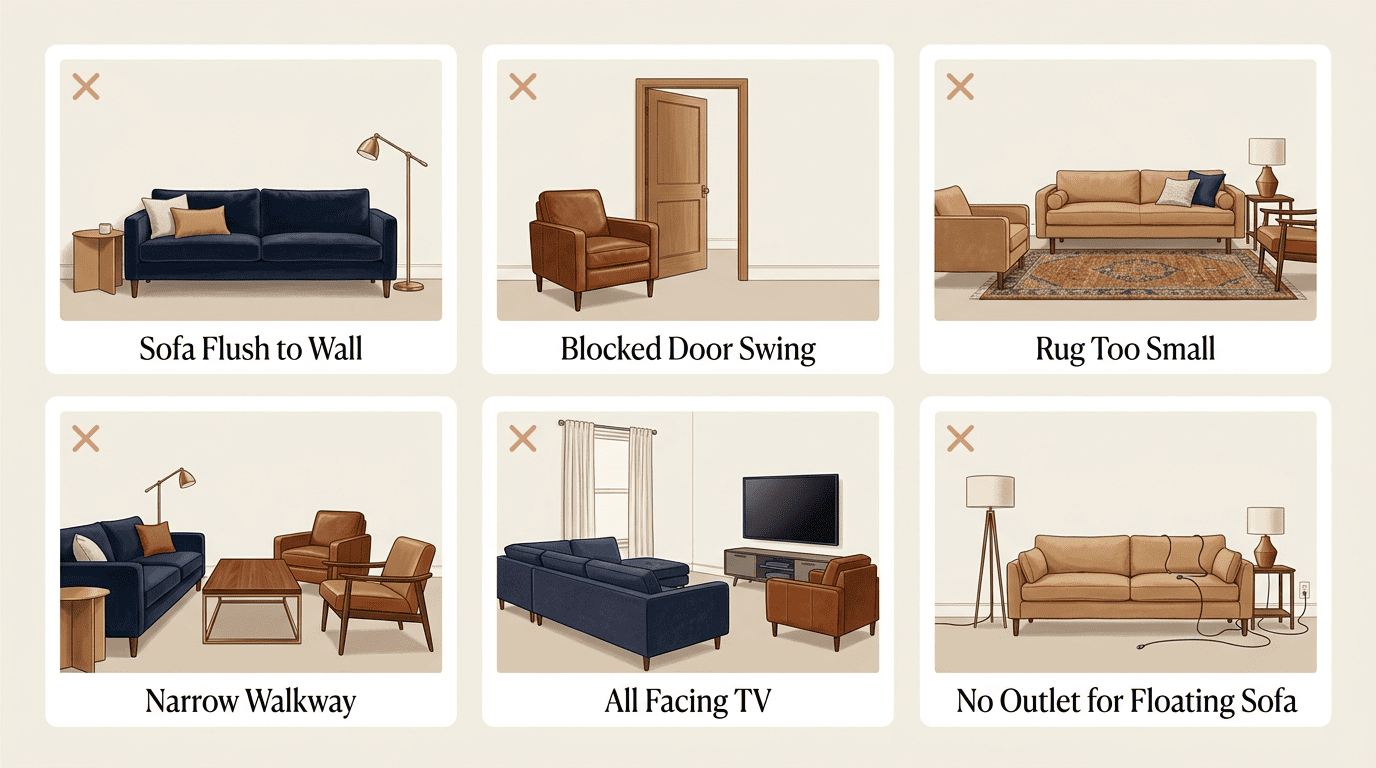 Grid of six common living-room furniture-arrangement mistakes, each marked with a red cross