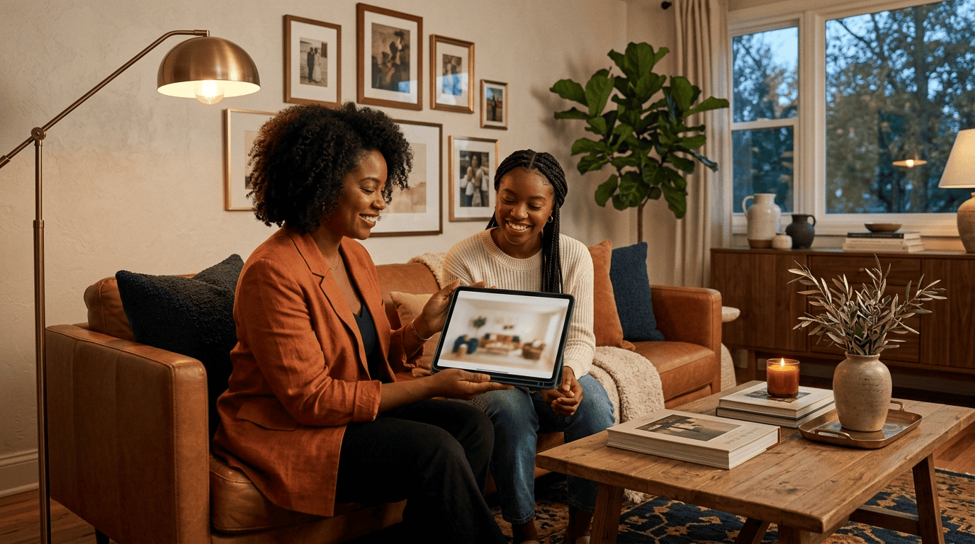 A living-room stylist and a homeowner reviewing an AI living-room layout on a tablet