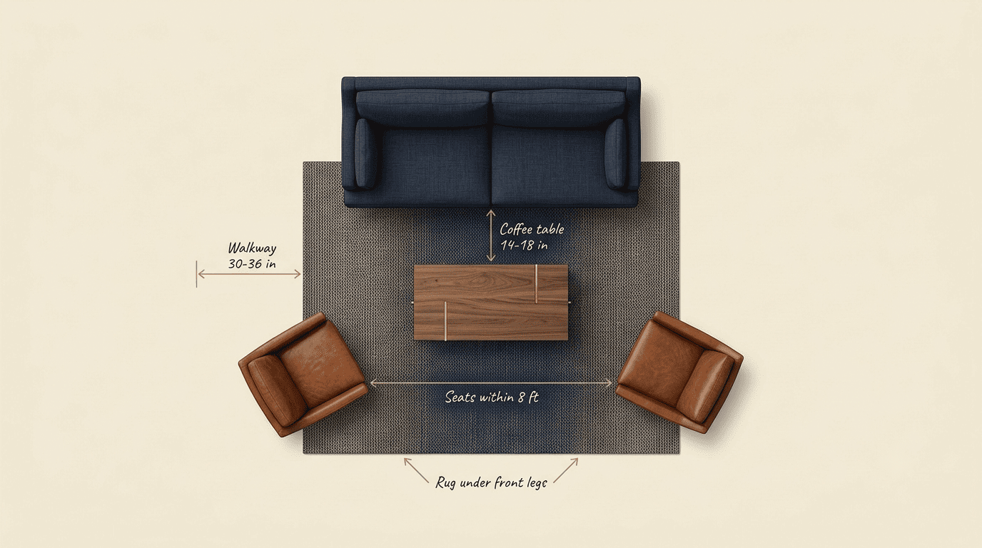 Top-down living-room layout diagram showing walkway, coffee-table, conversation and rug clearances