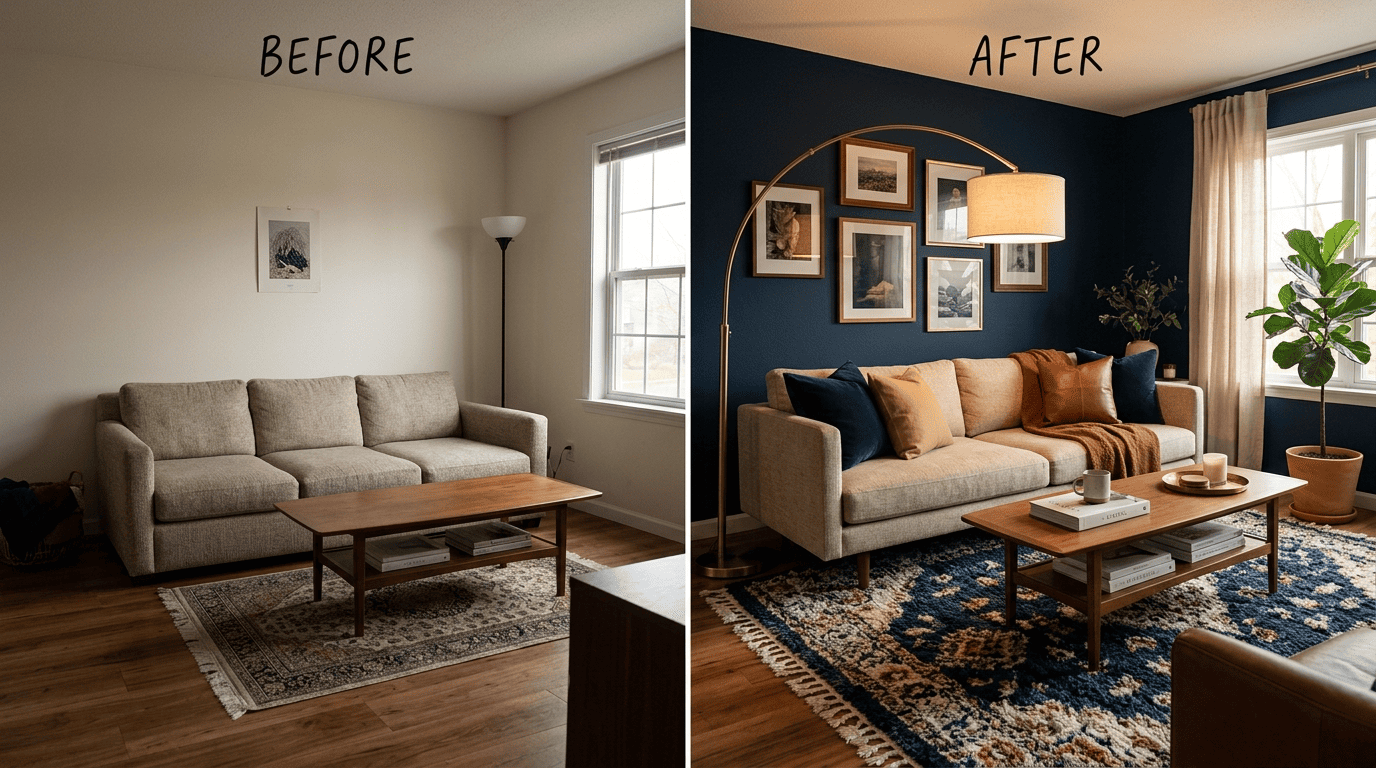 Before and after of the same living room, from furniture against the walls to a balanced AI-planned arrangement
