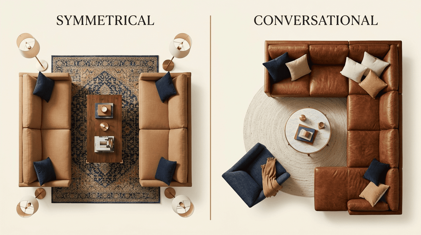Top-down comparison of a symmetrical two-sofa layout versus a conversational sectional layout