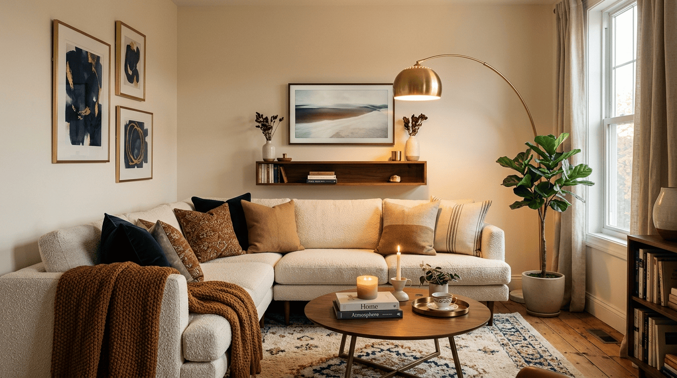 A compact cozy living room made to feel open with a corner sectional, round coffee table and wall-mounted decor