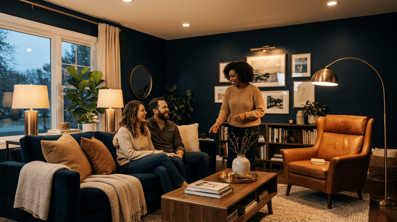 A cozy navy-and-camel living room lit with three layers — ambient ceiling light, a brass arc task lamp, and accent picture lighting