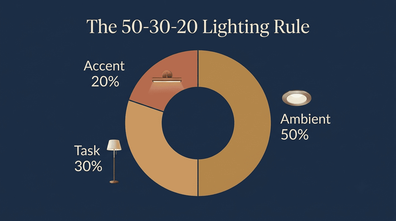 Donut chart showing the 50-30-20 living room lighting rule: 50% ambient, 30% task, 20% accent