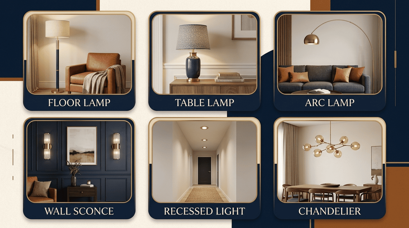 Grid of living room light fixtures: floor lamp, table lamp, arc lamp, wall sconce, recessed light, chandelier