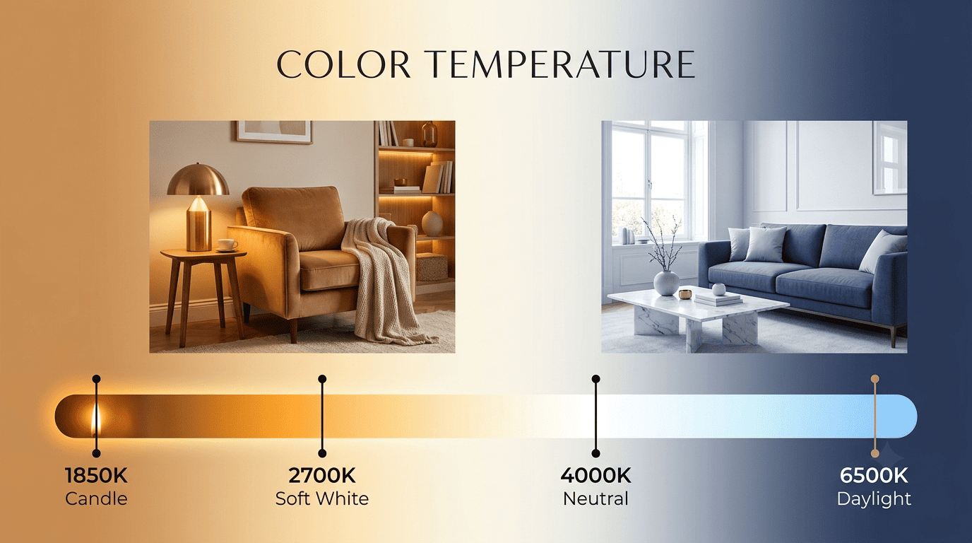 Color temperature Kelvin scale from 1850K candlelight to 6500K daylight with warm and cool living rooms