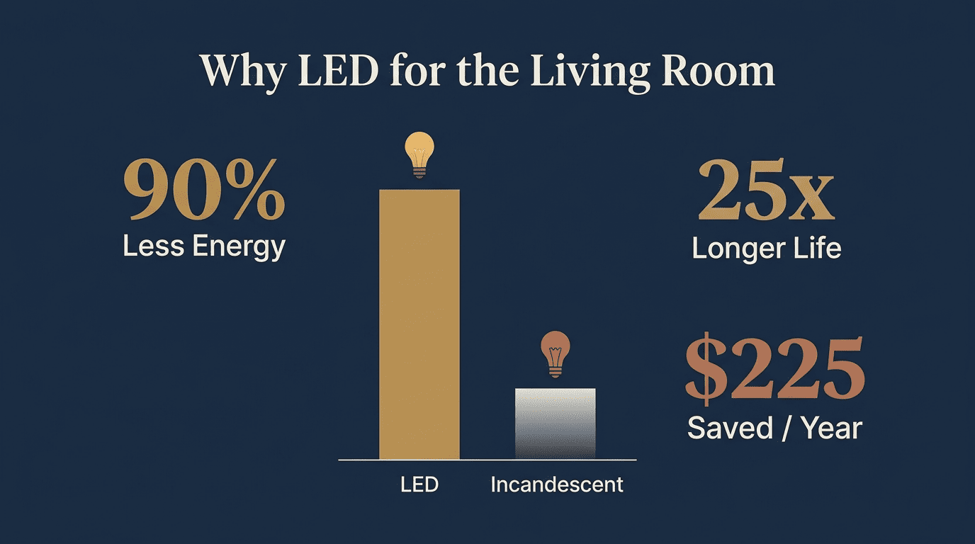 Bar chart comparing LED and incandescent: 90% less energy, 25x longer life, $225 saved per year