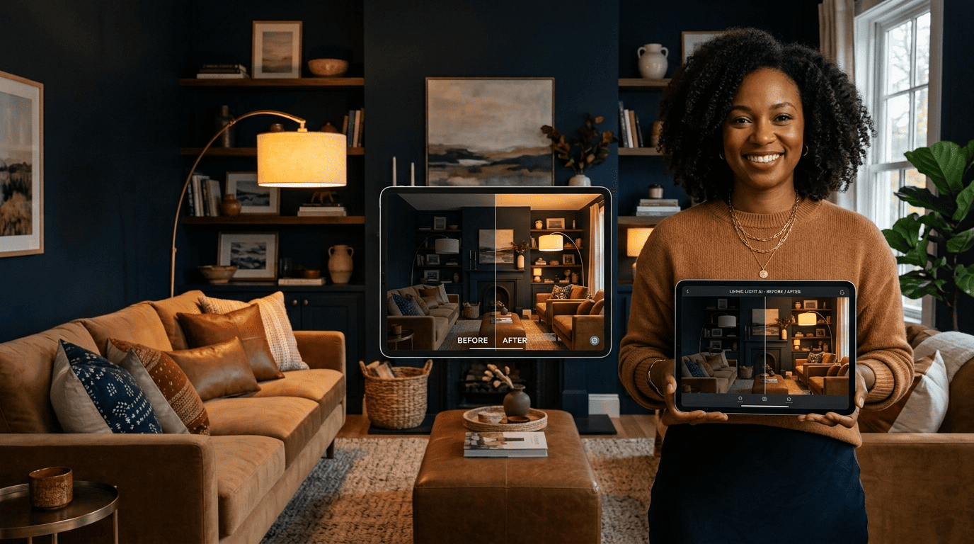 A living-room stylist holding a tablet showing a before-and-after AI lighting render of the same room