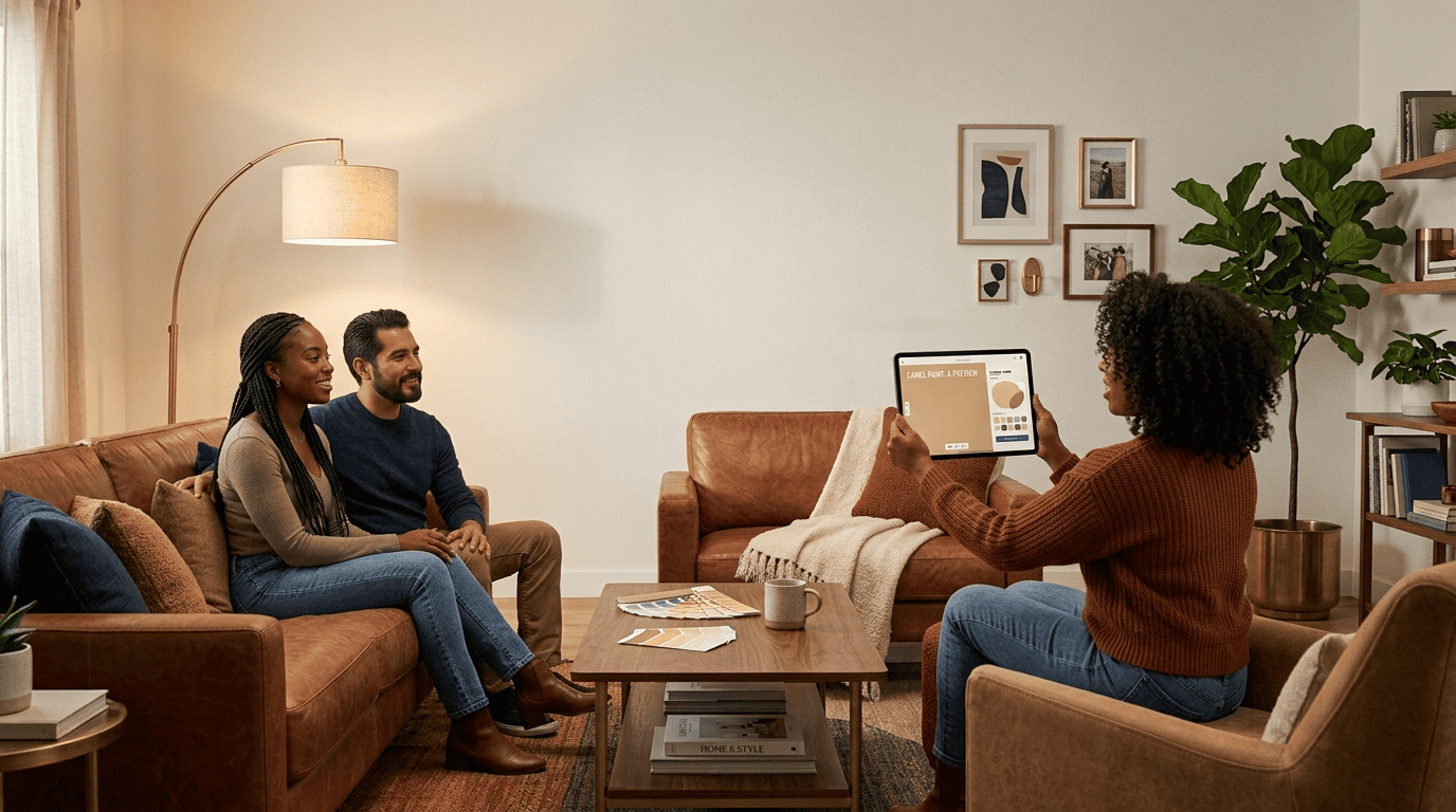 A living-room stylist previews a camel paint color on a tablet for homeowners in a cozy navy-and-cognac living room