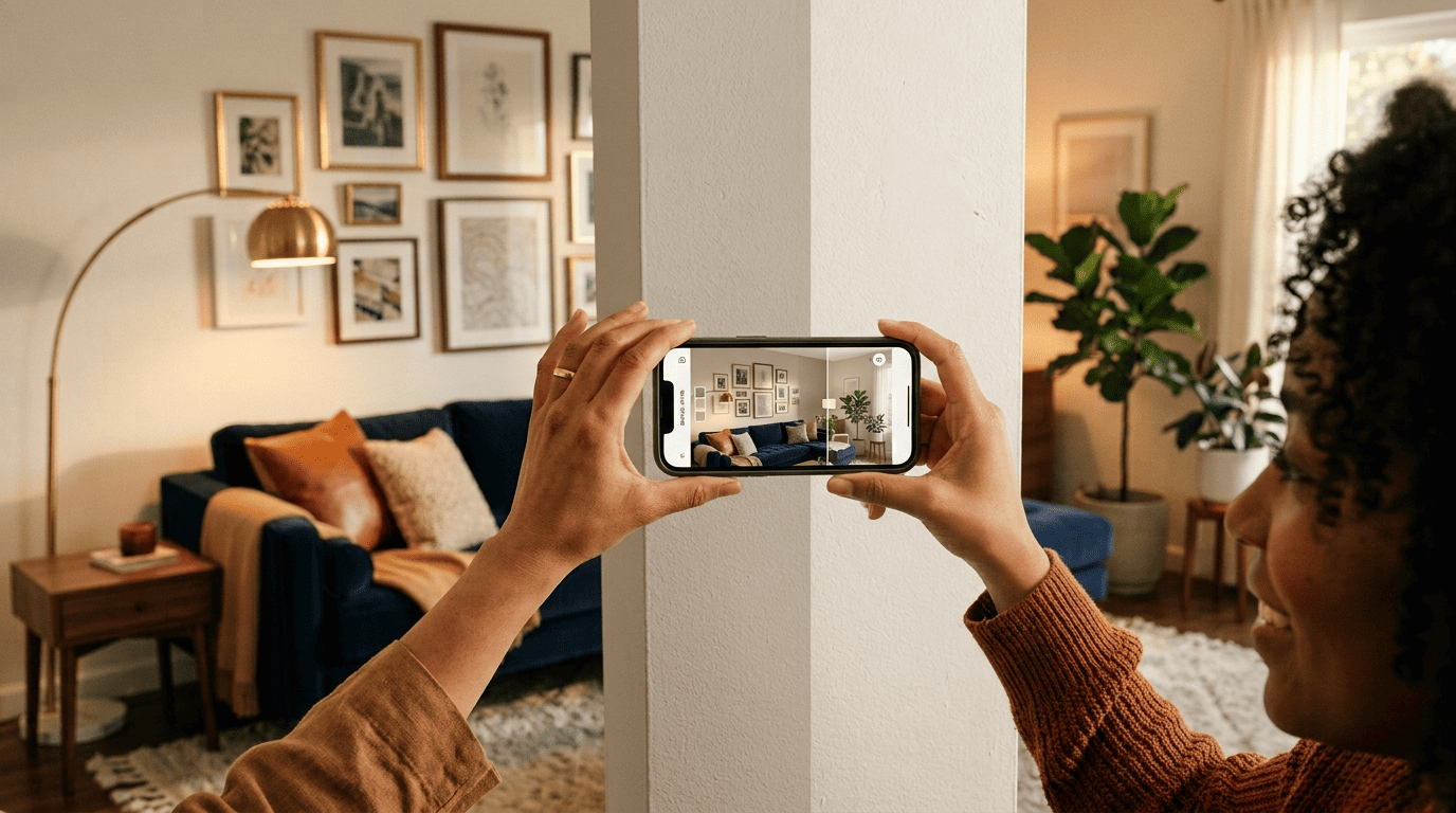 A phone held up to a living-room wall shows an AI paint visualizer previewing the wall repainted a new color