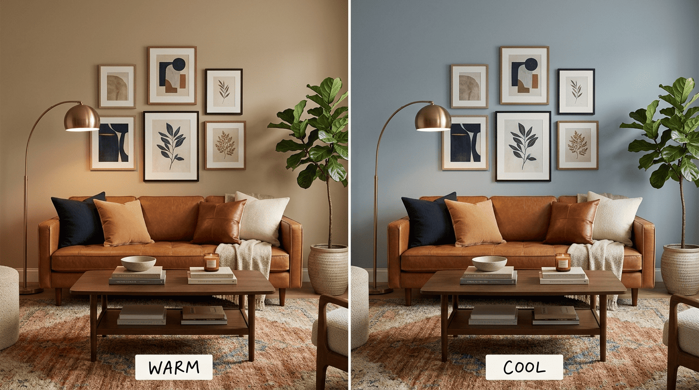 The same living room shown with a warm camel-greige wall and a cool blue-gray wall, labeled warm and cool