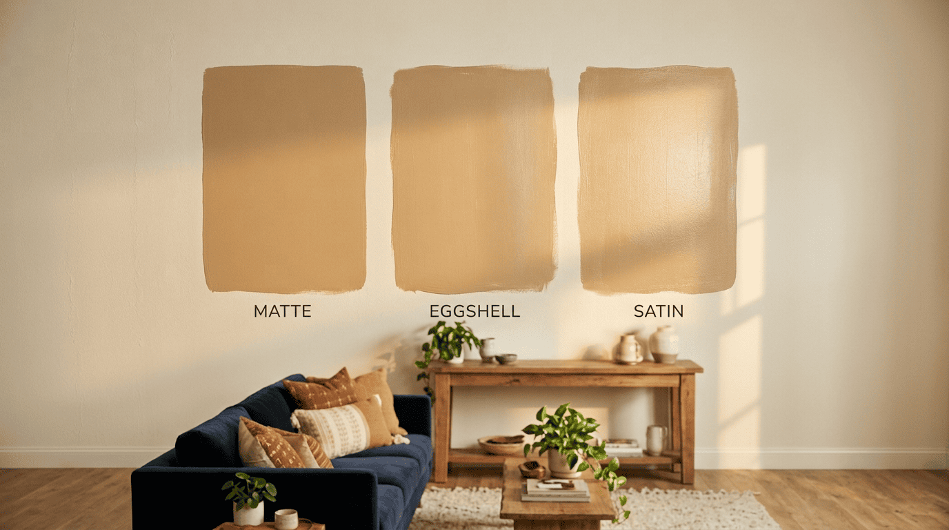 The same camel paint color brushed on a wall in matte, eggshell and satin sheens under raking light