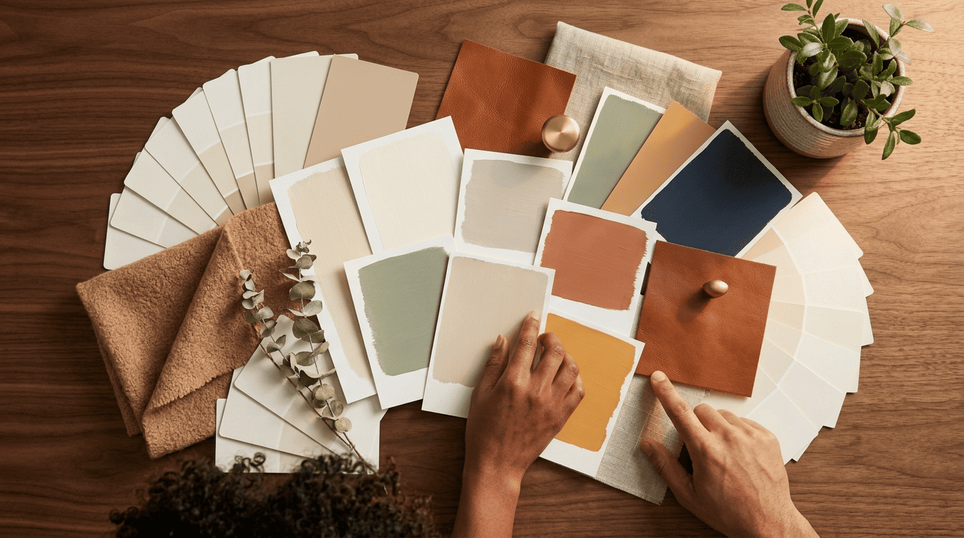 A moodboard of 2026 living-room paint swatches — beige, greige, sage, terracotta, honey amber and navy — with cognac leather and camel boucle