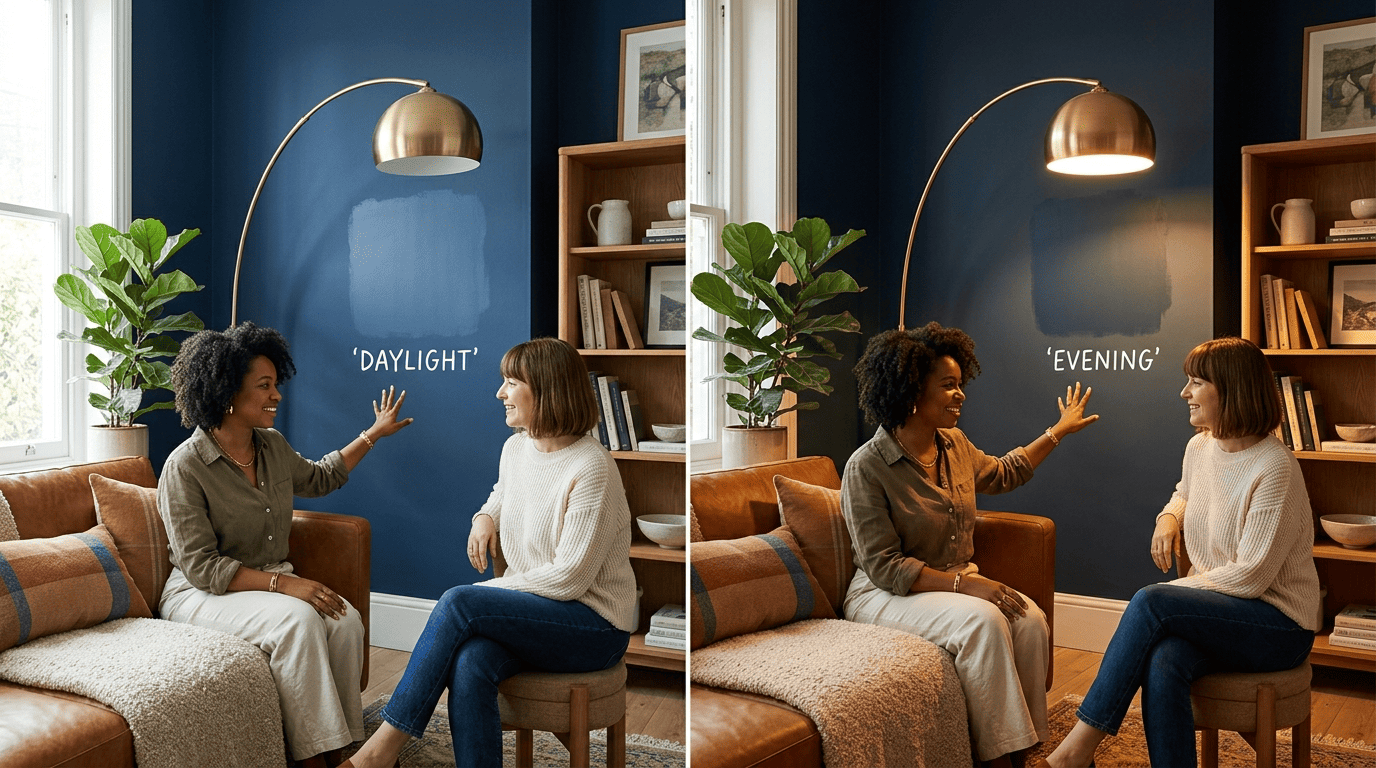 The same navy wall swatch shown under bright natural daylight and under warm evening lamplight