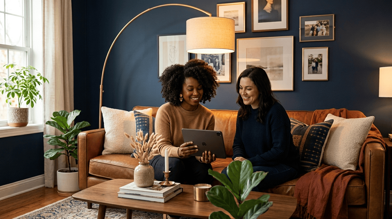 A living-room stylist showing a homeowner a free AI living room redesign on a tablet