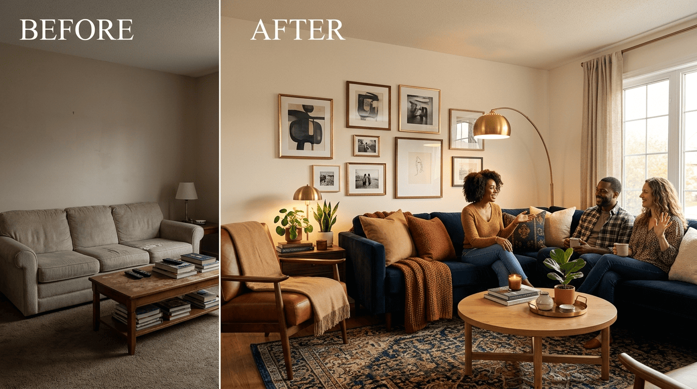 Before and after of the same living room, restyled by a free AI tool from a photo