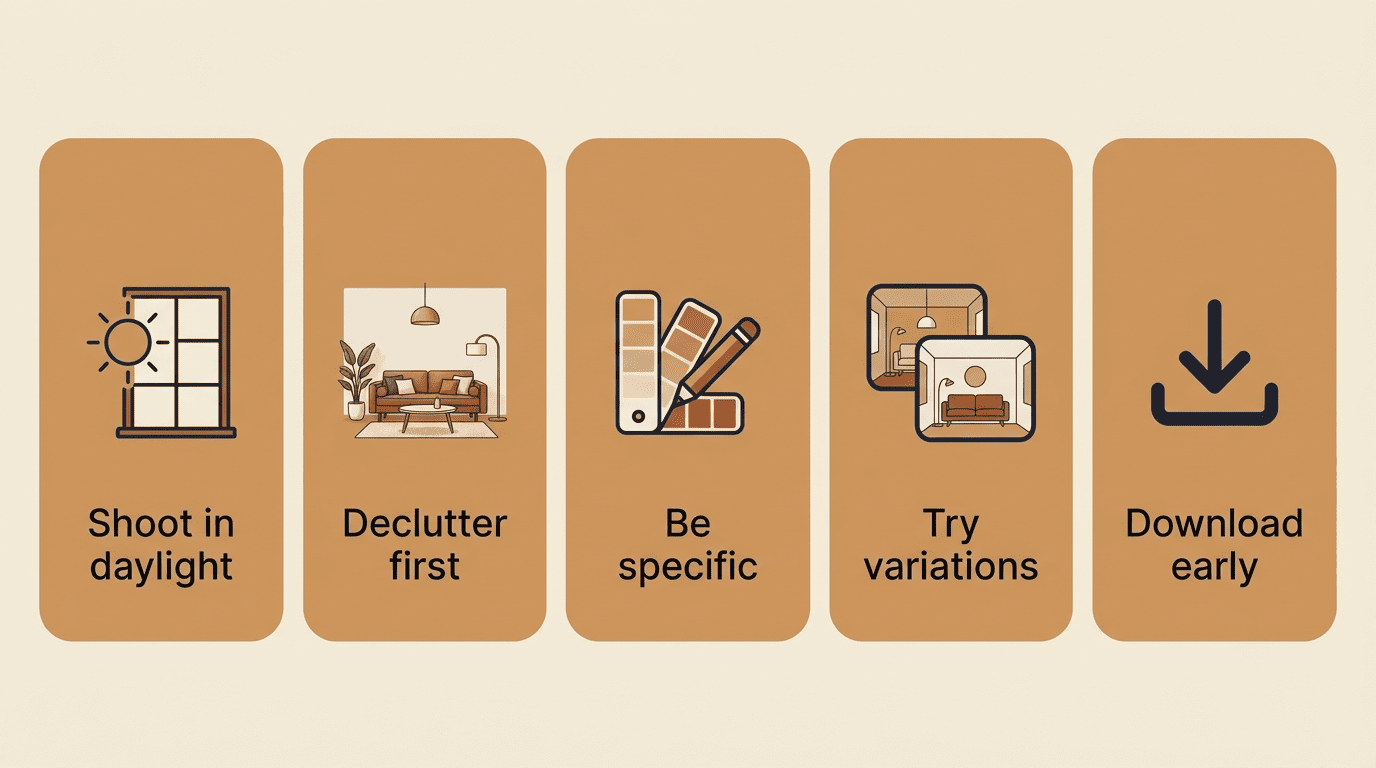 Checklist of five prep tips for better free AI living room design results